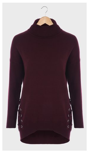 Womens Burgundy Roll Neck Long Line Jumper