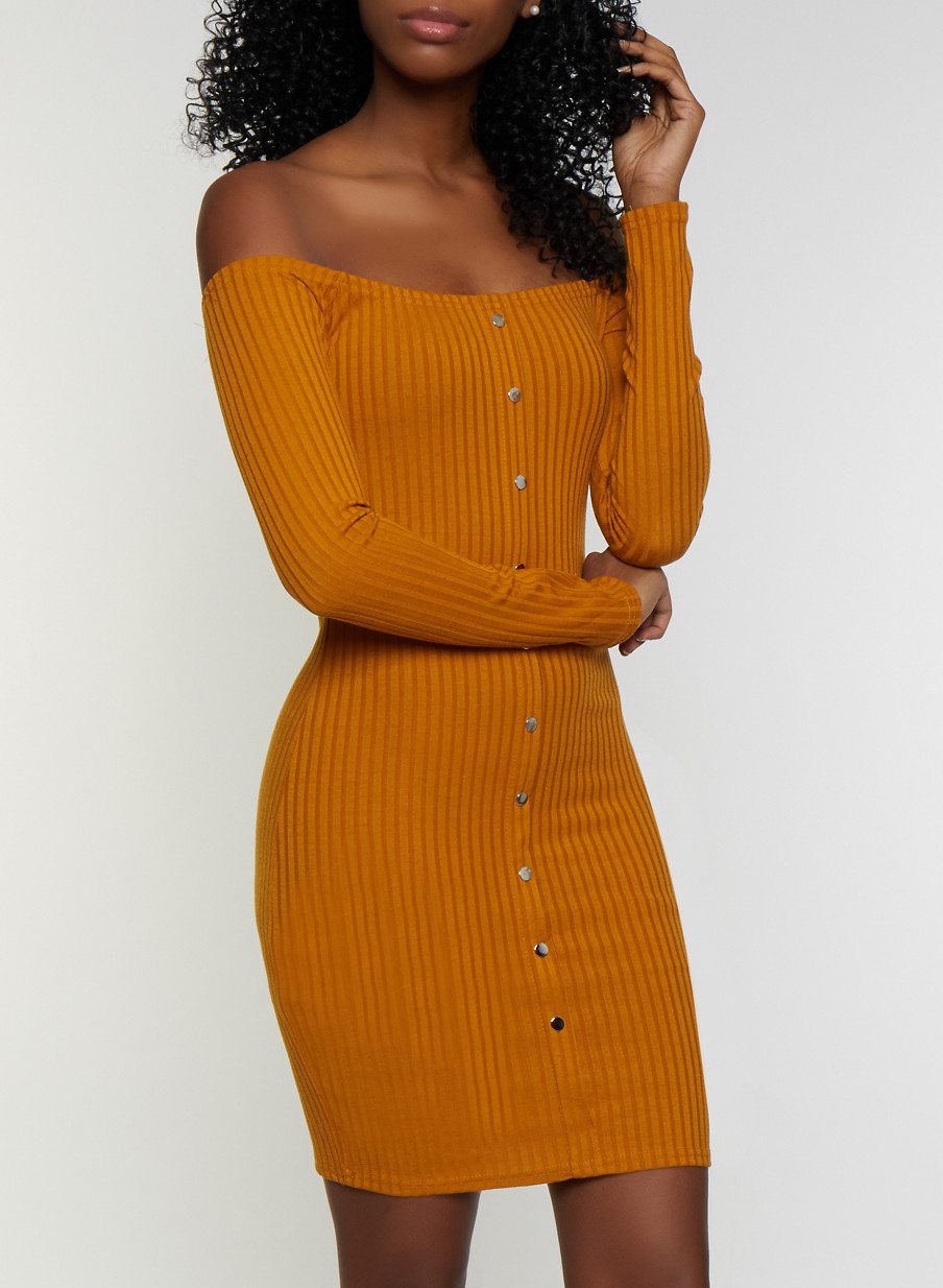 Button Off the Shoulder Ribbed Knit Dress