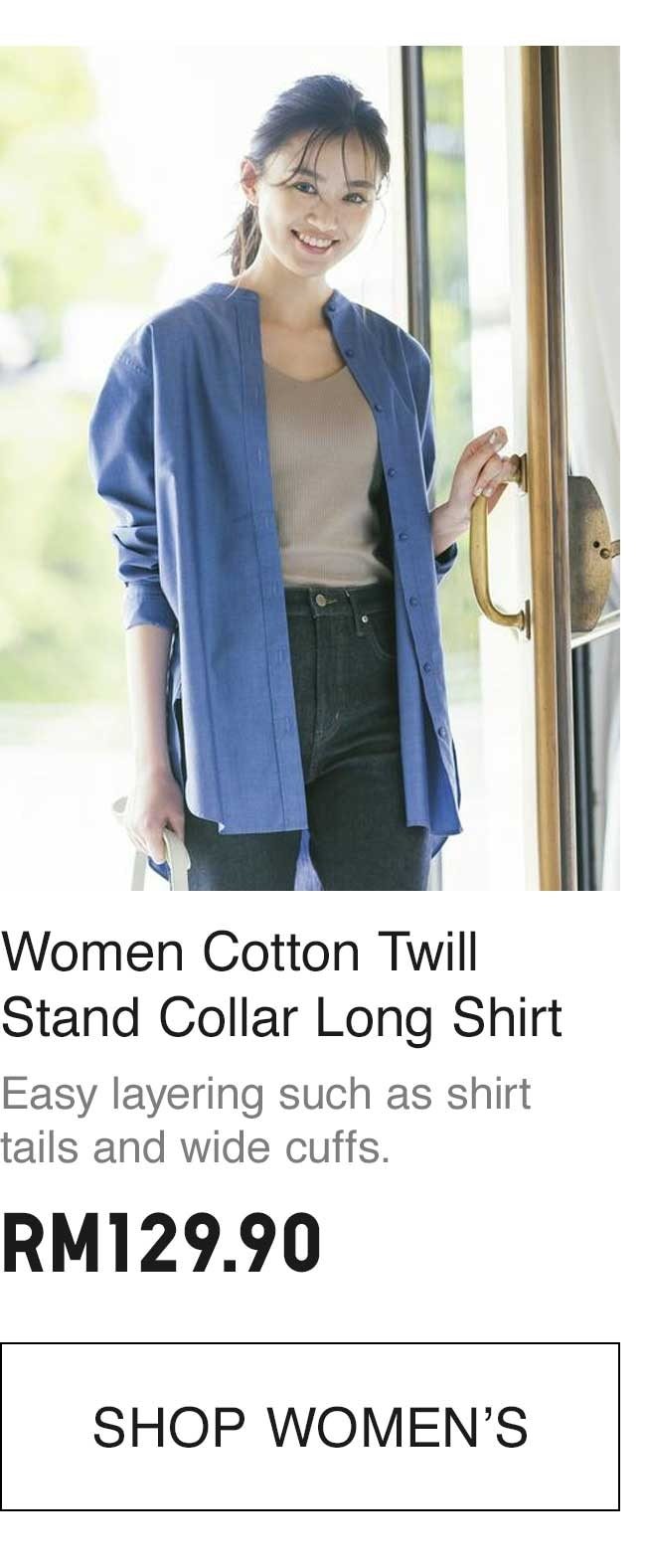 Women COTTON TWILL STAND COLLAR LONG SHIRT