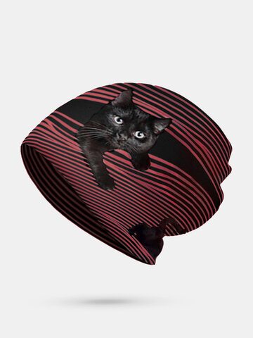Women Plus Velvet Cat Print Stripe Pattern Soft Beanie Hat