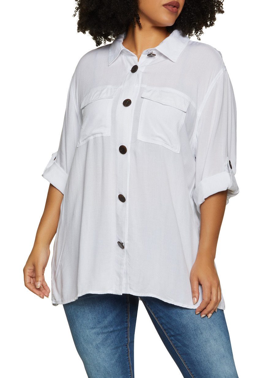 Plus Size Tabbed Sleeve Button Front Shirt