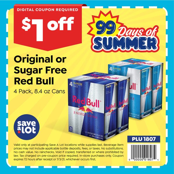 $1 Off Original or Sugar Free Red Bull at Save A Lot