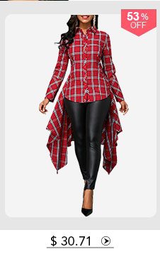 Asymmetric Hem Button Front Plaid Print Shirt