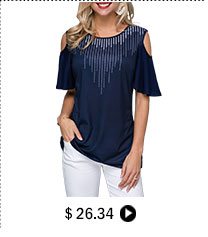 Round Neck Cold Shoulder Navy Blue T Shirt