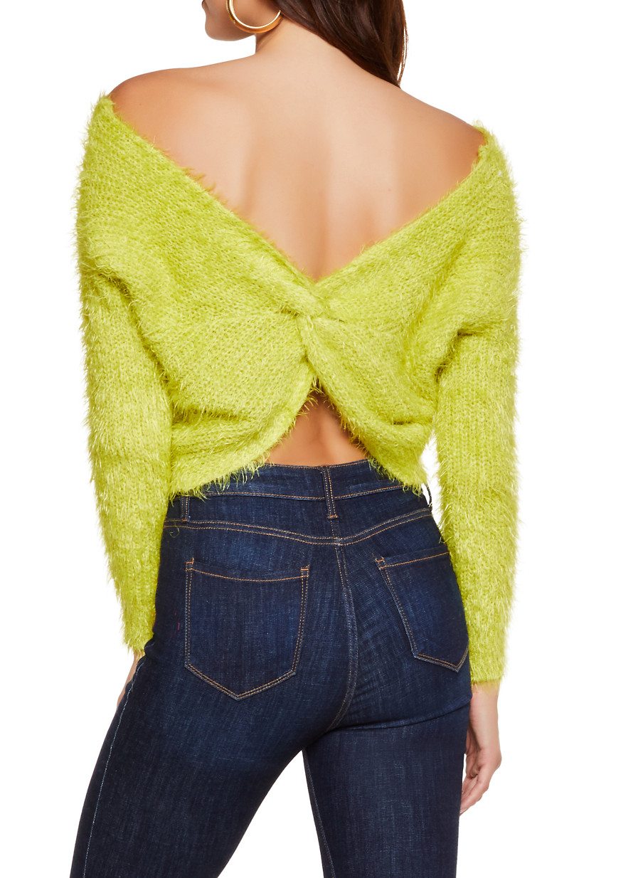 Feathered Knit Twist Back Sweater