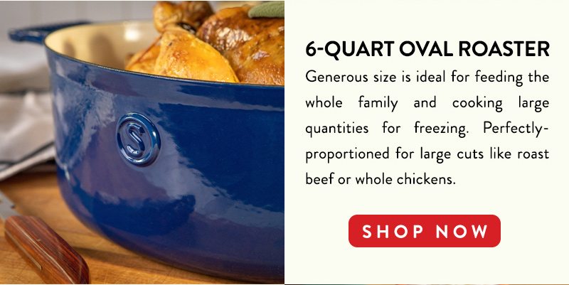 6-QUART OVAL ROASTER Generous size is ideal for feeding the whole family and cooking large quantities for freezing. Perfectly-proportioned for large cuts like roast beef or whole chickens. SHOP NOW