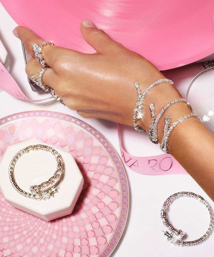 Matrix bracelets on model and pink Rosenthal dish