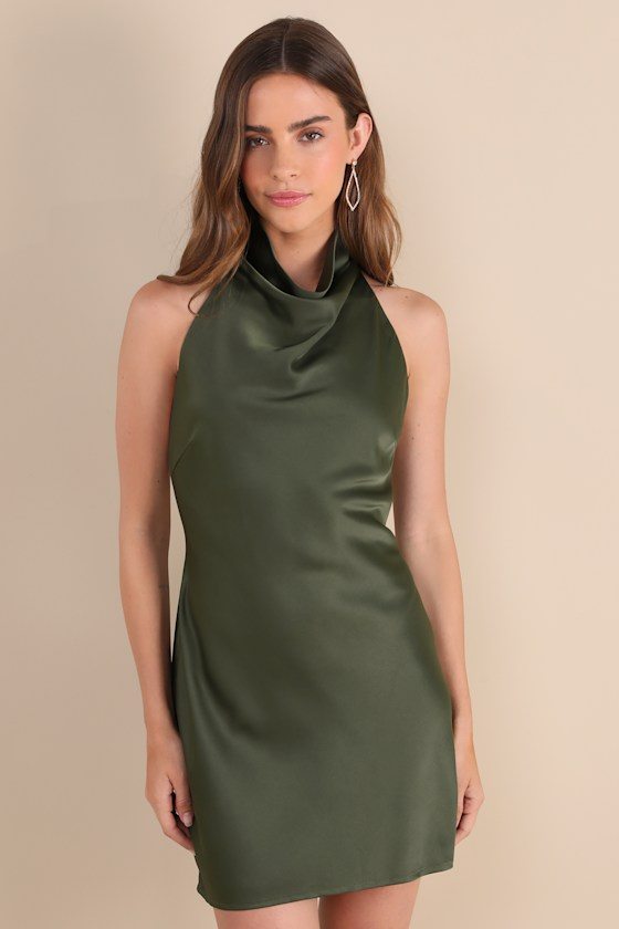 Image of Gorgeous Endeavor Olive Green Satin Halter Mini Slip Dress