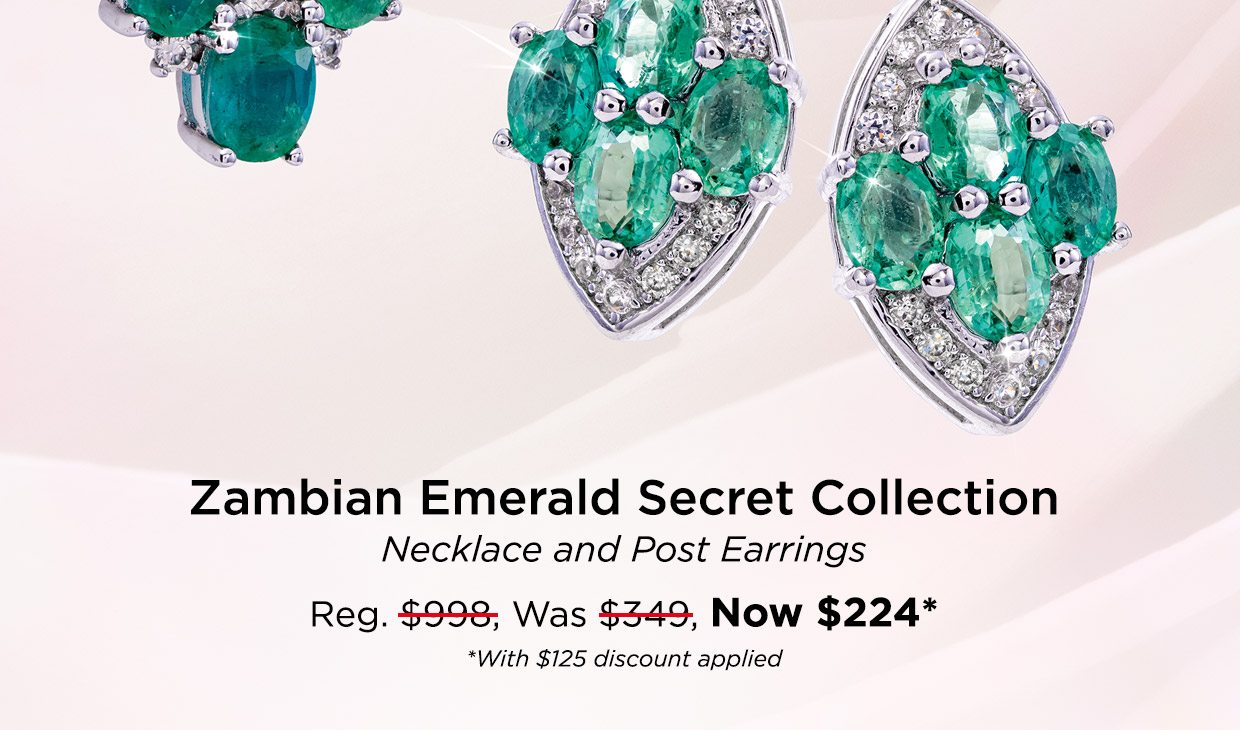Zambian Emerald Secret Collection. Necklace and Post Earrings. Reg. $998, Was $349, Now $224 with $125 discount applied.