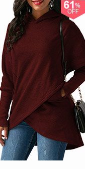 Long Sleeve Asymmetric Hem Wine Red Pocket Hoodie