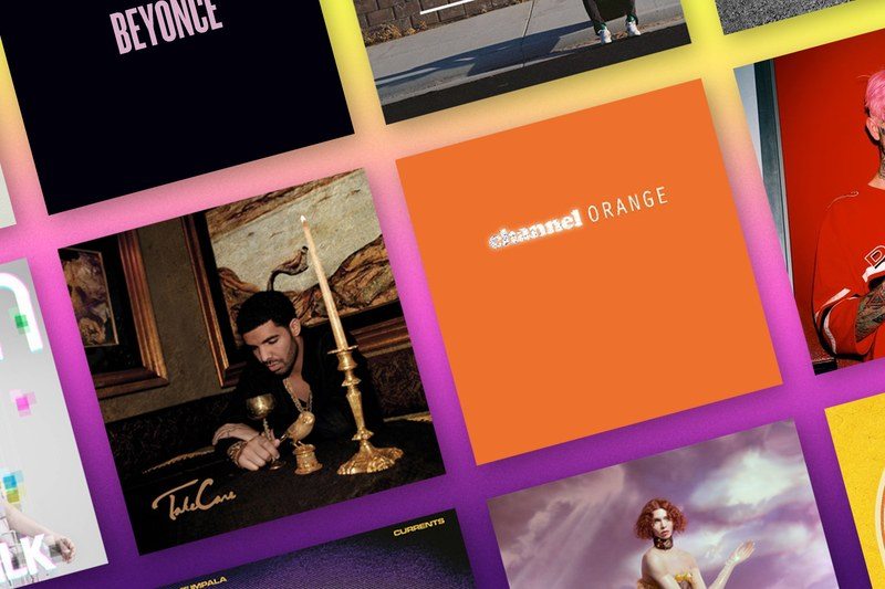Collage of best albums covers over a purple, pink, and yellow gradient background