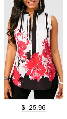 Sleeveless Flower Print Curved Zipper Front Blouse