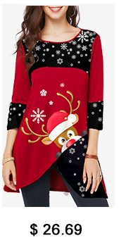 Asymmetric Hem Elk Print Christmas T Shirt