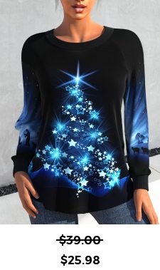 ROTITA Christmas Tree Print Black Scoop Neck Sweatshirt
