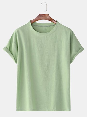 Cotton Linen 8 Colors Solid Round Neck Casual...