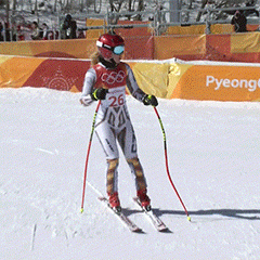 Ester Ledecka finishing her women's super-G ski run.