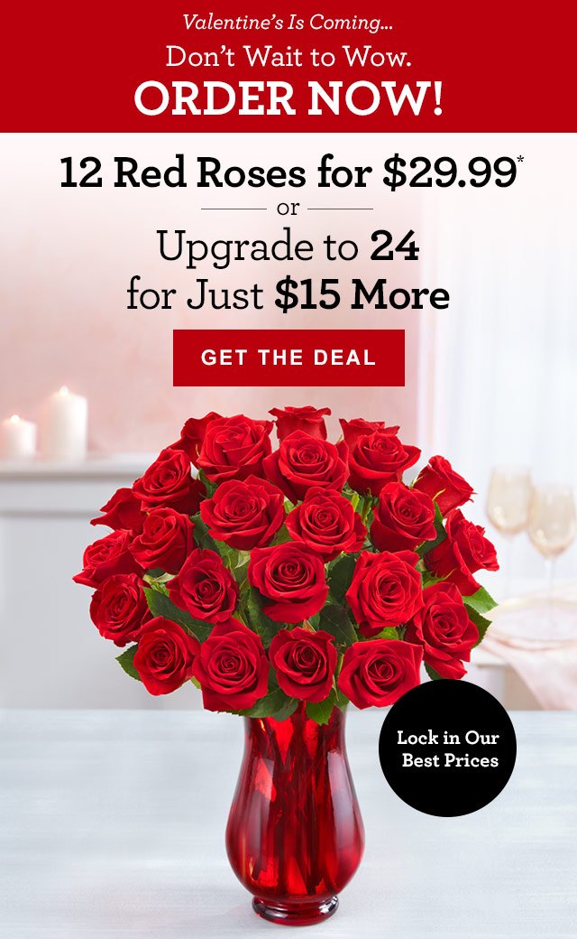 Valentine's Is Coming… Don't Wait to Wow. Order Now! 12 Red Roses for $29.99 or Upgrade to 24 for Just $15 More ORDER NOW Lock in Our Best Prices 