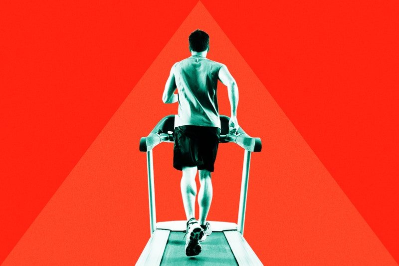 Man running on a treadmill, overlaid in teal on a red background