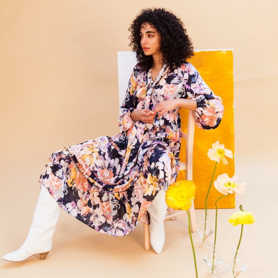MARIE SUSTAINABLE FLORAL SATIN MIDI DRESS
