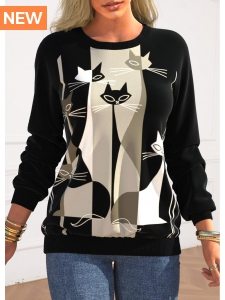 ROTITA Animal Print Black Round Neck Long Sleeve Sweatshirt