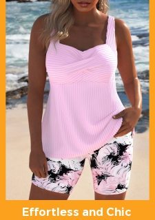 Surplice Feathers Print Light Pink Tankini Set