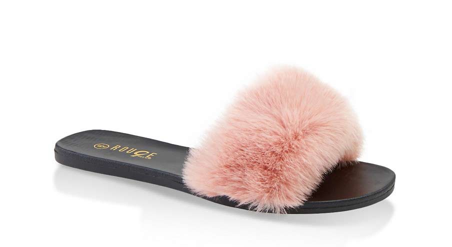 Faux Fur Strap Slide Sandals