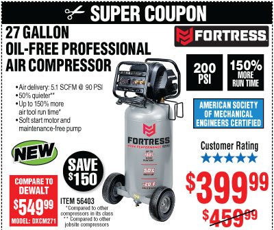 View View 27 Gallon 200 PSI Oil-Free Professional Air Compressor