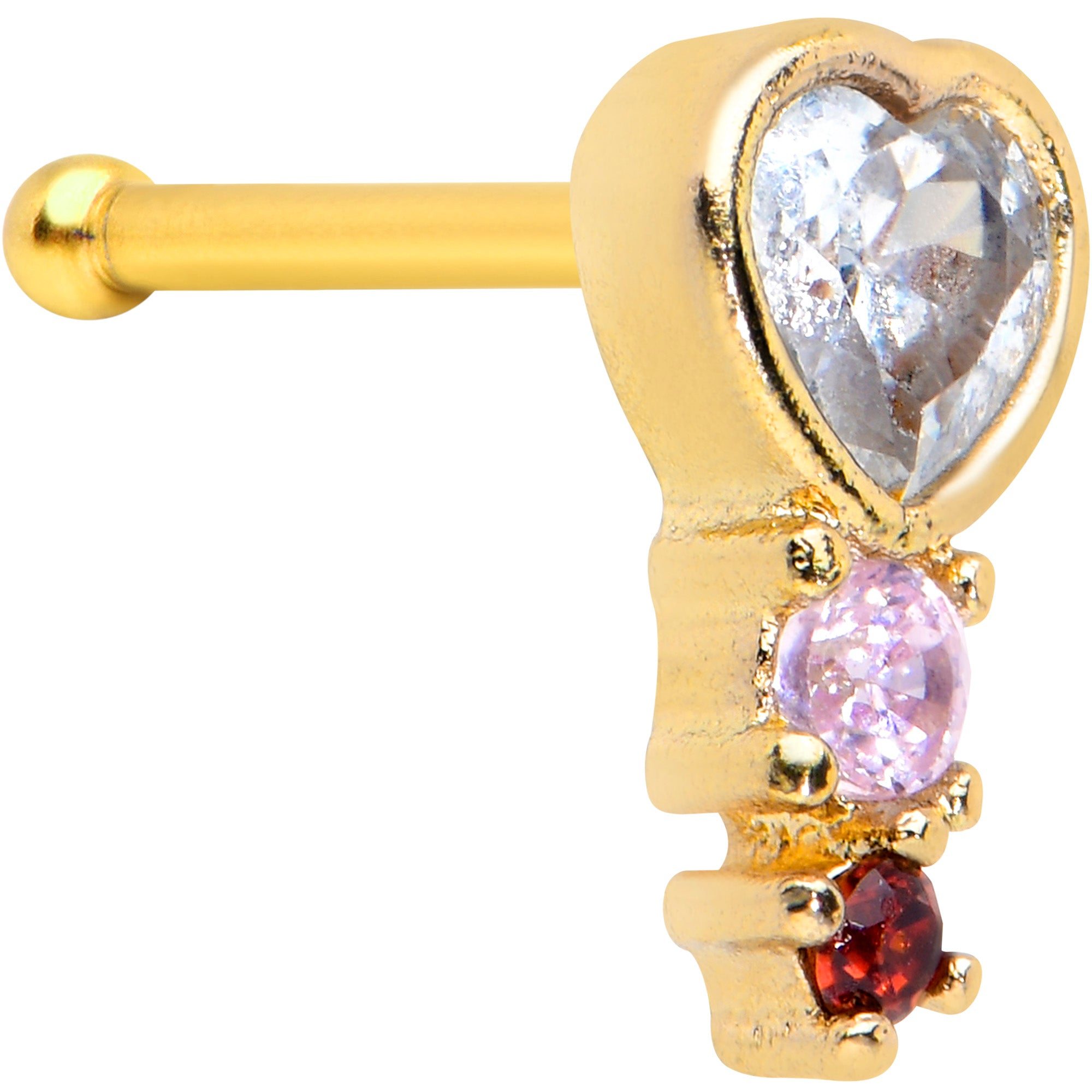 Image of 20 Gauge 1/4 Clear Pink Red CZ Gem Gold Tone Heart Valentine Nose Bone