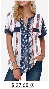 Roll Tab Sleeve Star Print Curved Hem Blouse