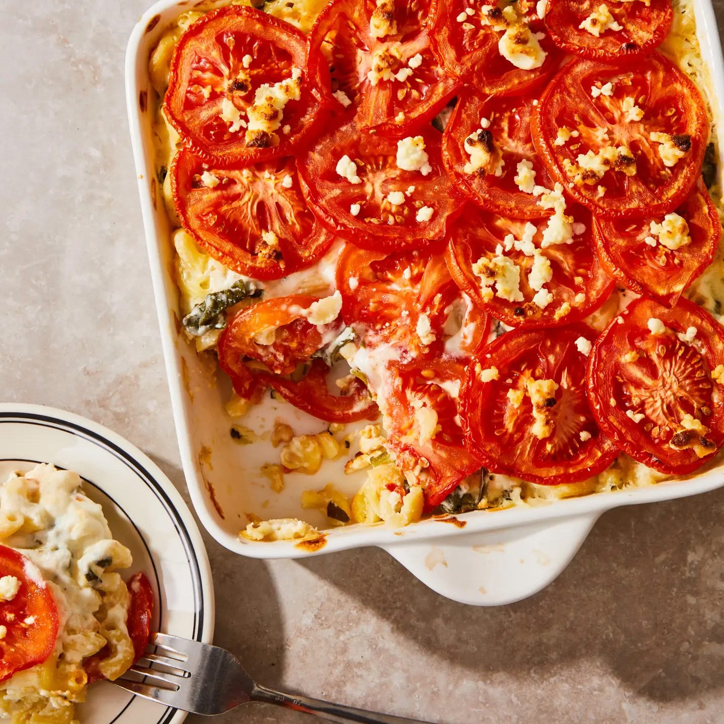 Baked Macaroni with Goat Cheese, Spinach, and Tomatoes