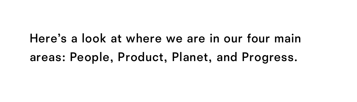 Here's a look at where we are in our four main areas: People, Product, Planet, and Progress.