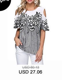 Cold Shoulder Flower Print Striped Blouse