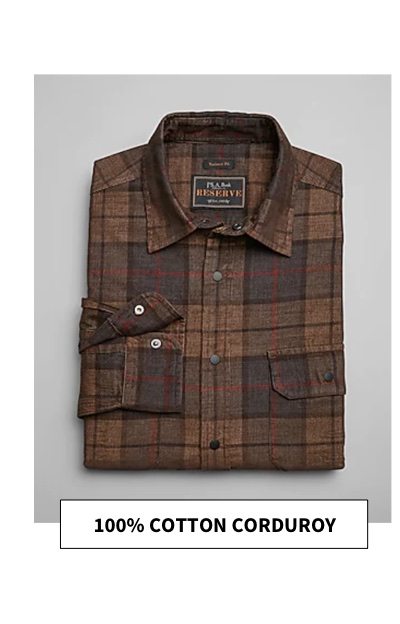 Reserve Collection Tailored Fit Spread Collar Plaid Corduroy Sportshirt