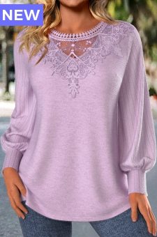 Light Purple Embroidery Long Sleeve Round Neck T Shirt