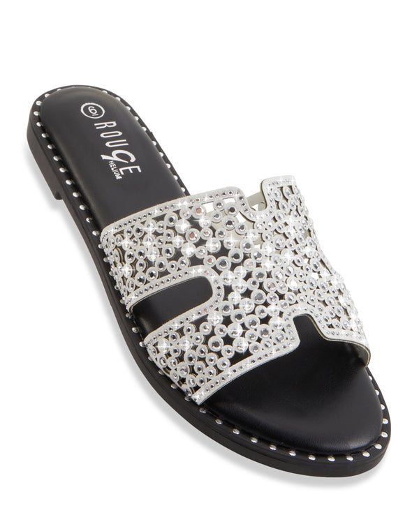 Rhinestone Studded Cut Out Band Slide Sandals