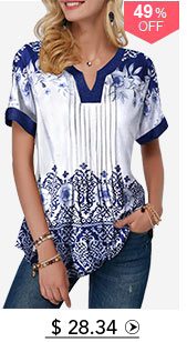 Short Sleeve Retro Print Split Neck Blouse