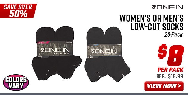 ''Zone In Women's or Men's Low-cut Socks 20-Pack''