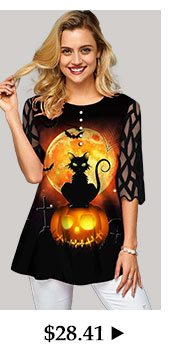 Halloween Print Button Decorated Mesh Panel T Shirt