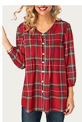 V Neck Plaid Print Button Up Blouse