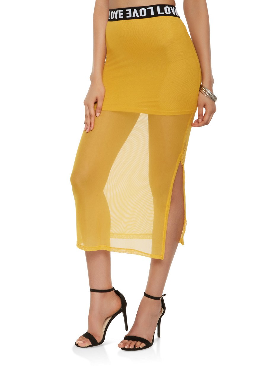 Love Graphic Trim Mesh Maxi Skirt