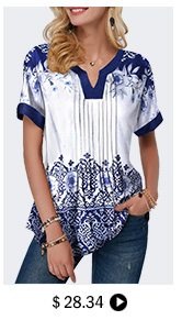 Short Sleeve Retro Print Split Neck Blouse