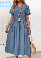 Dusty Blue Tuck Stitch A Line Short Sleeve Dress