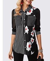 Turndown Collar Printed Black Pocket Shirt