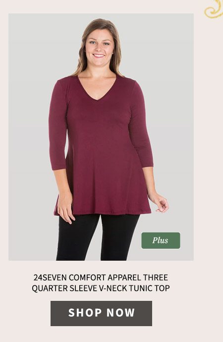 24Seven Comfort Apparel Three Quarter Sleeve V-Neck Plus Size Tunic Top 