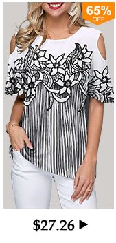 Flower Print Cold Shoulder Striped Blouse