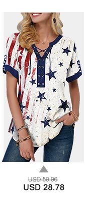 Lace Up Front Notch Neck Flag Print T Shirt