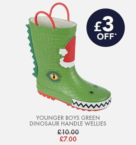 Younger Boys Green Dinosaur Handle Wellies