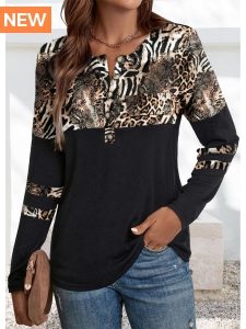 ROTITA Patchwork Leopard Black Split Neck Long Sleeve T Shirt