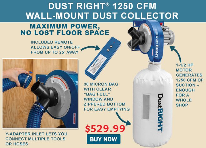 Dust Right 1250 CFM Wall-Mount Dust Collector - Maximum Power, no lost floor space