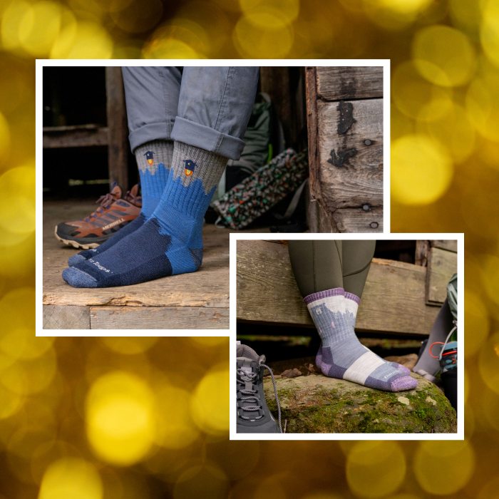 Shop New Colors - new for National Sock Day: blue outhouse socks and purple bear town socks